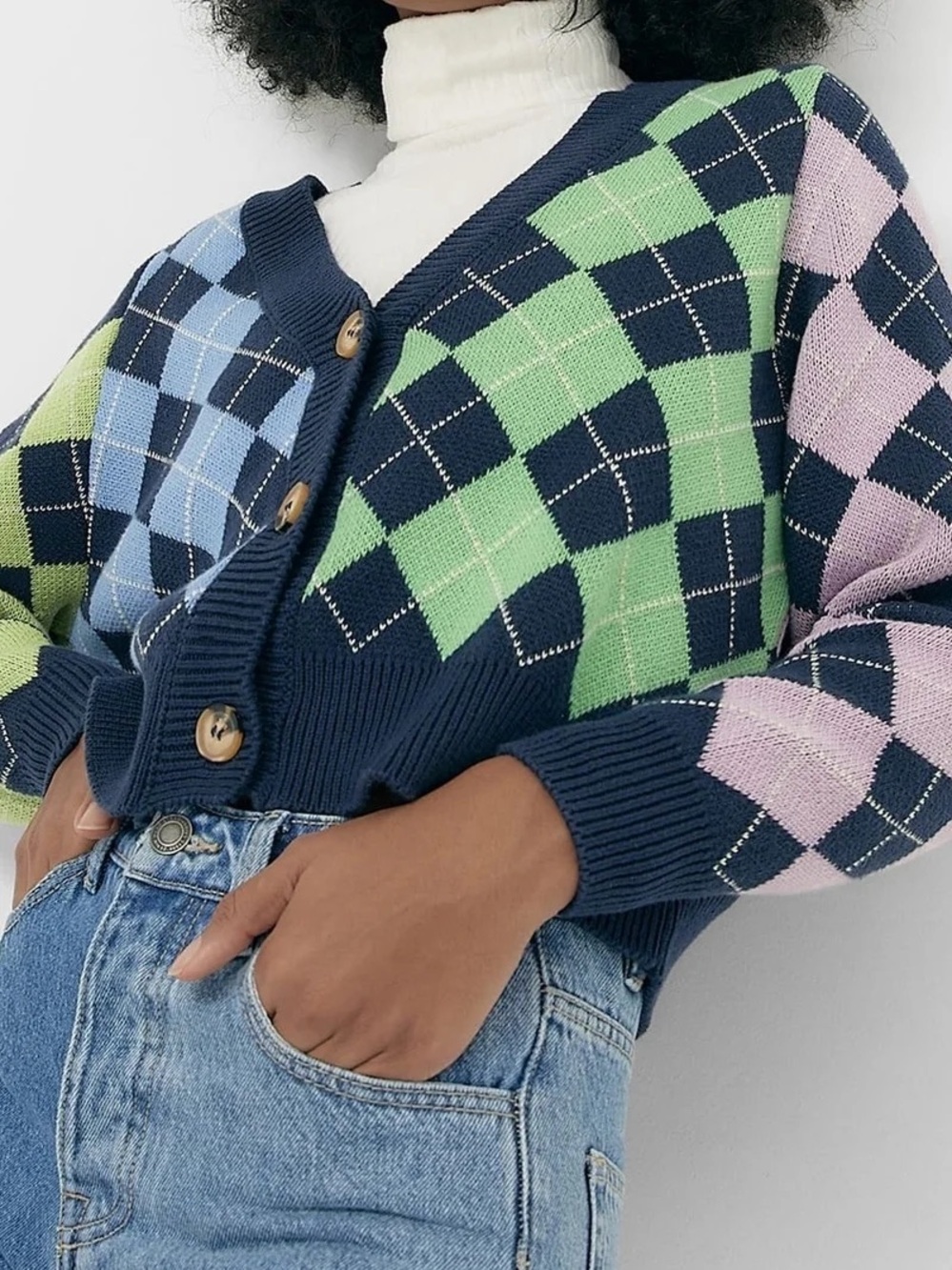 Stradivarius Patchwork Color-Block Argyle Cropped Cotton Cardigan Small